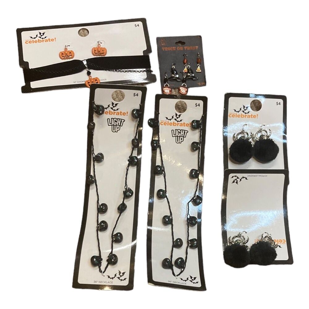Halloween jewelry lot earring necklace Pumpkin Cat witch hat Spider candy NWT